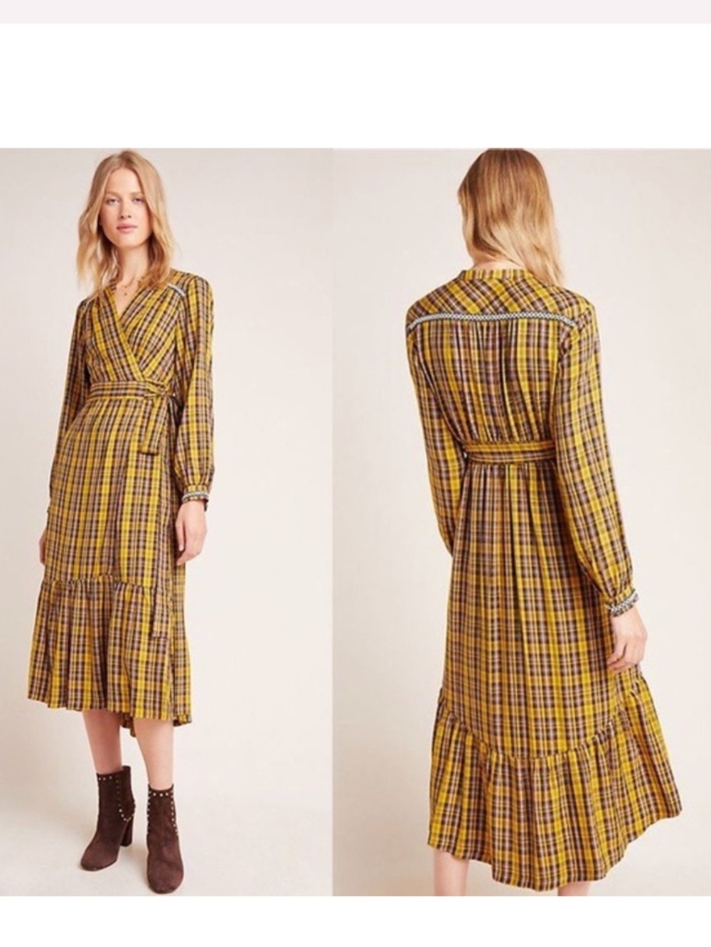 Anthropologie Dalton Wrap Maxi Dress Yellow Plaid sz Small